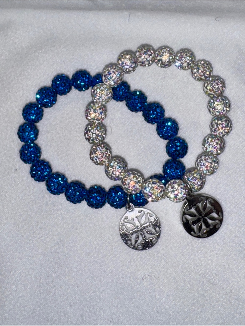 Rustic Cuff Blue and Iridescent Beaded Charm Bracelet Set